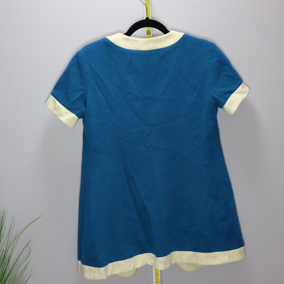 Vintage 1960s Mod Blue & Cream Knit Sweater Jacket Short Sleeve M - Picture 2 of 4